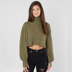 Free People Olive Waffle Knit Cropped Turtleneck Sweater